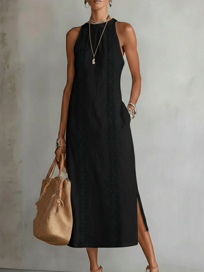 Embroidered Mandarin Collar Midi Dress