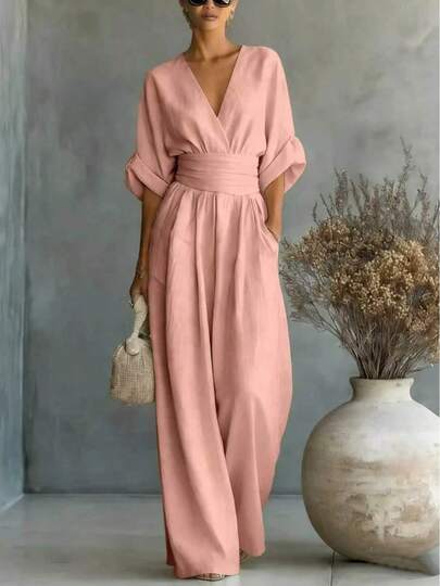 Printed Wide-Leg V-Neck Jumpsuit