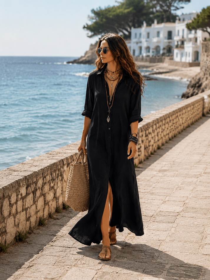 Boho Button-Front Maxi Shirt Dress