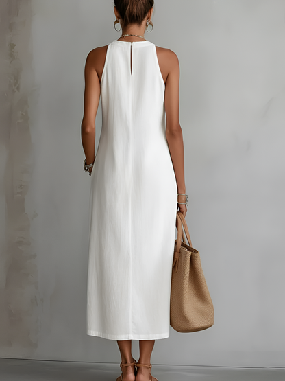 Embroidered Mandarin Collar Midi Dress