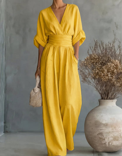 Printed Wide-Leg V-Neck Jumpsuit