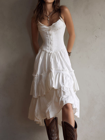 Boho Lace Corset Tiered Midi Dress