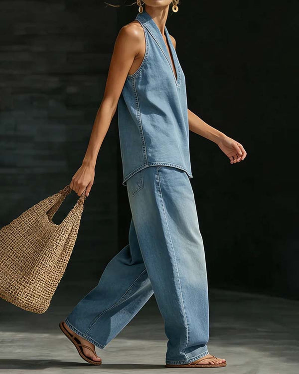 V-Neck Wide-Leg Two-Piece Set