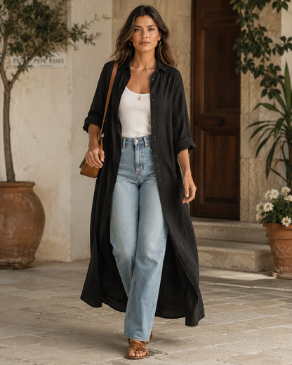 Boho Button-Front Maxi Shirt Dress