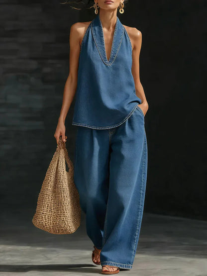 V-Neck Wide-Leg Two-Piece Set