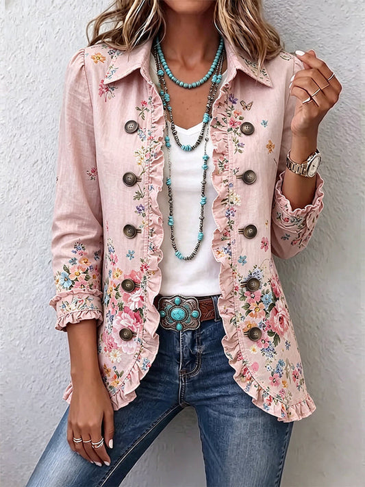 Floral Ruffle Button-Front Jacket