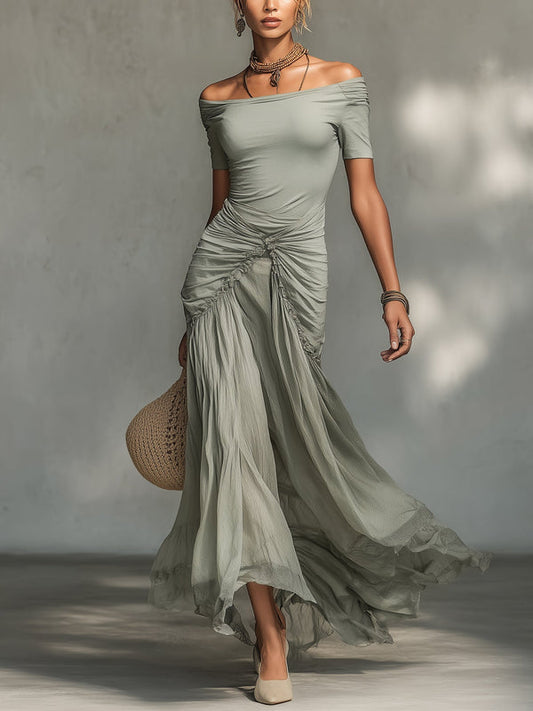 Grey Off-Shoulder Chiffon Maxi Dress