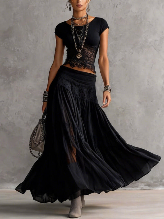 Lace Crop Top & Pleated Maxi Skirt Set