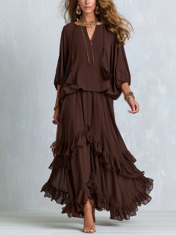 Brown Chiffon Ruffle Skirt Set