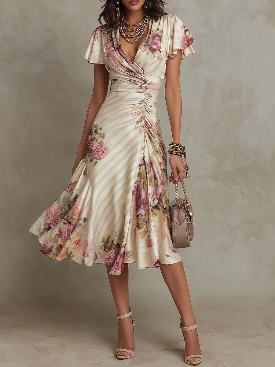 Vintage Floral Satin Midi Dress