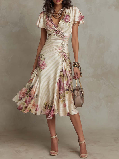 Vintage Floral Satin Midi Dress