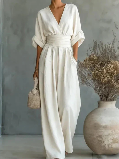 Printed Wide-Leg V-Neck Jumpsuit