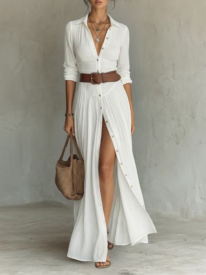 Cotton-Linen Pleated Maxi Dress