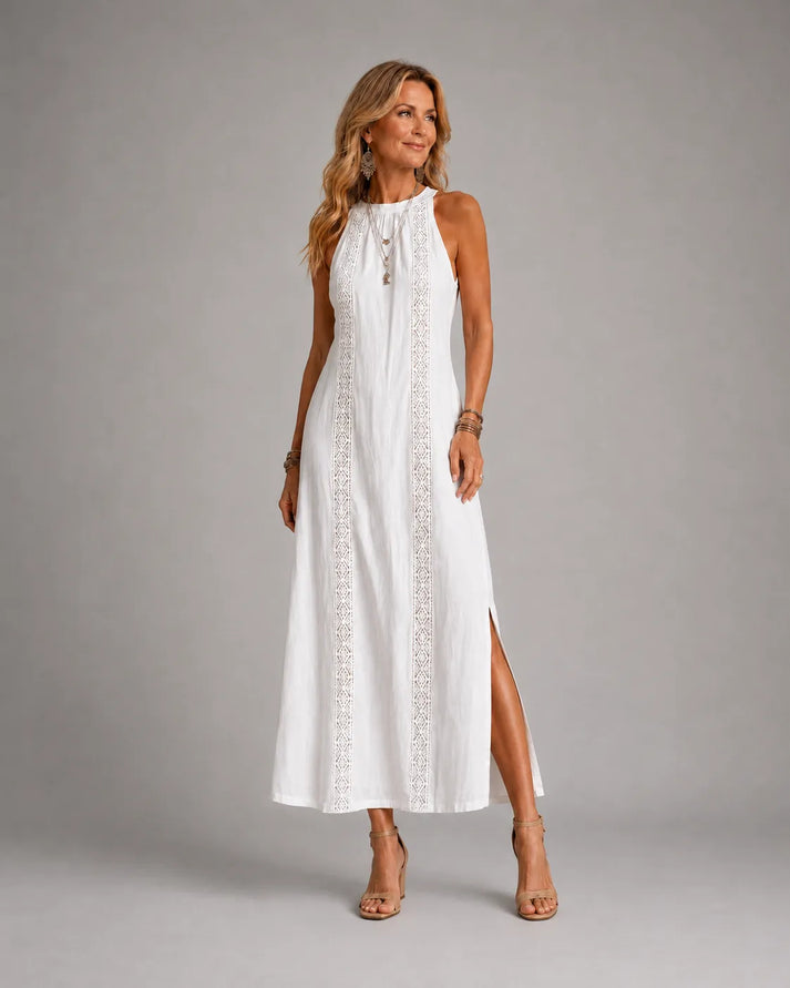 Embroidered Mandarin Collar Midi Dress