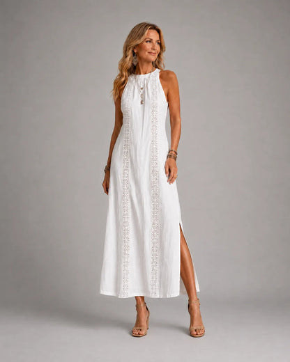 Embroidered Mandarin Collar Midi Dress