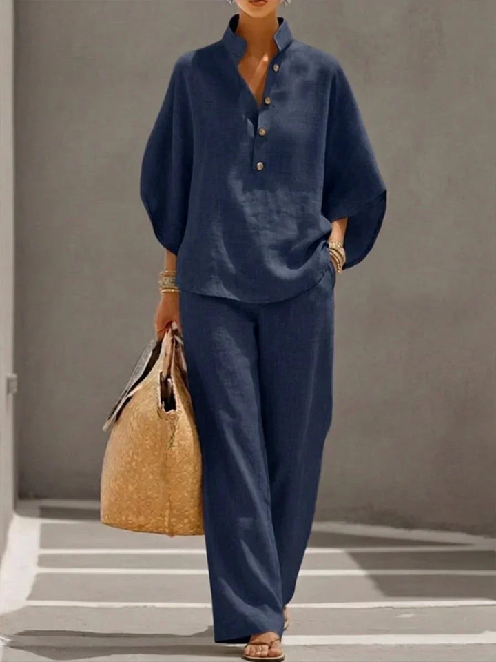 Linen-Texture Batwing Two-Piece Set
